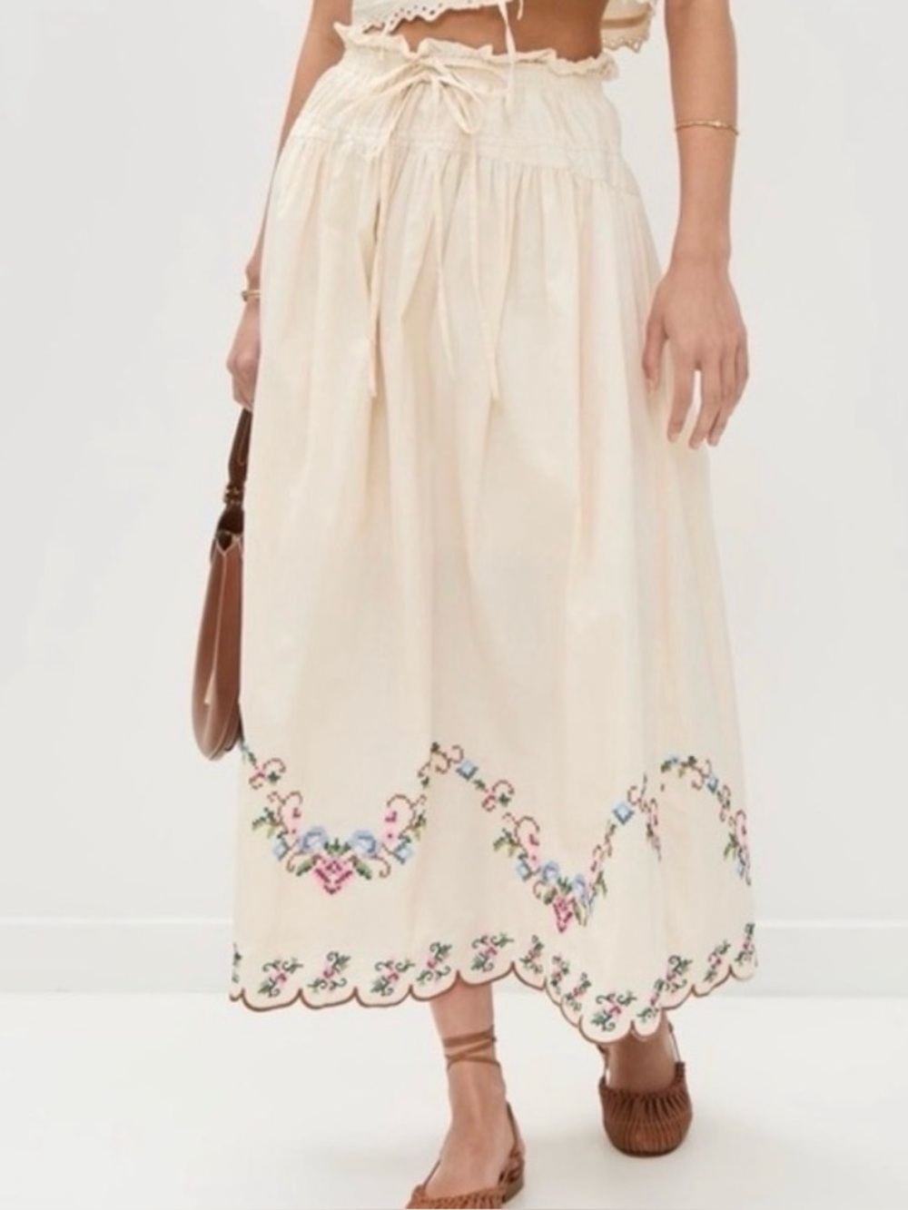 Moon River Cream Embroidered Midi Skirt